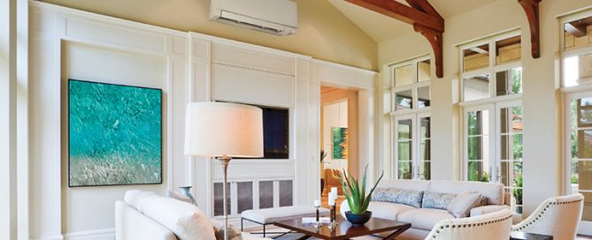 Mitsubishi brand ductless HVAC system installed in residential home